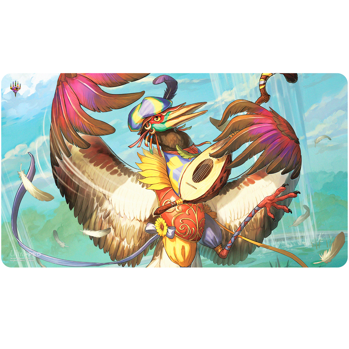 A colorful bird playing a lute, with large wings spread, on a playmat. Brand: Ultra PRO, Item: Bloomburrow Zinnia, Valley’s Voice Playmat for Magic: The Gathering