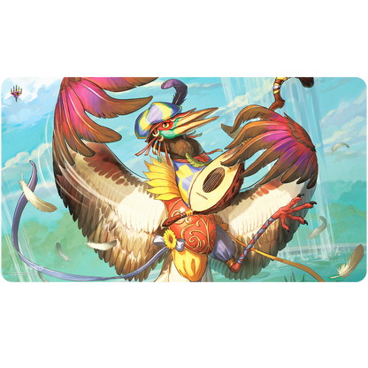 A colorful bird playing a lute, with large wings spread, on a playmat. Brand: Ultra PRO, Item: Bloomburrow Zinnia, Valley’s Voice Playmat for Magic: The Gathering
