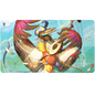 A colorful bird playing a lute, with large wings spread, on a playmat. Brand: Ultra PRO, Item: Bloomburrow Zinnia, Valley’s Voice Playmat for Magic: The Gathering