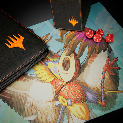 A black Magic: The Gathering deck box and binder with orange Magic: The Gathering logo, next to red dice on a playmat featuring Zinnia, Valley's Voice.
