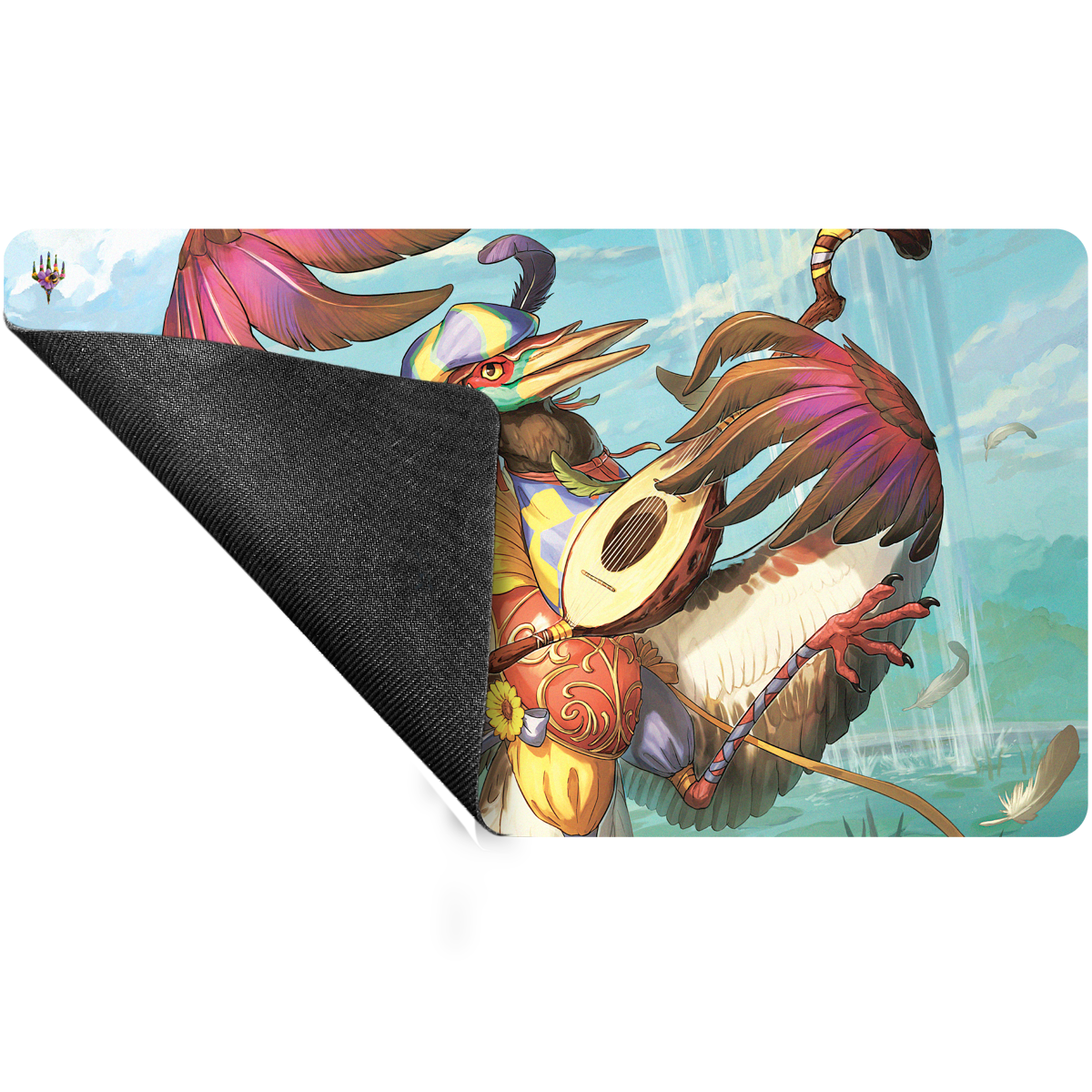 A colorful Magic: The Gathering playmat featuring Zinnia, Valley's Voice from Bloomburrow. Brand: Unknown, Item: Bloomburrow Zinnia, Valley’s Voice Playmat for Magic: The Gathering.