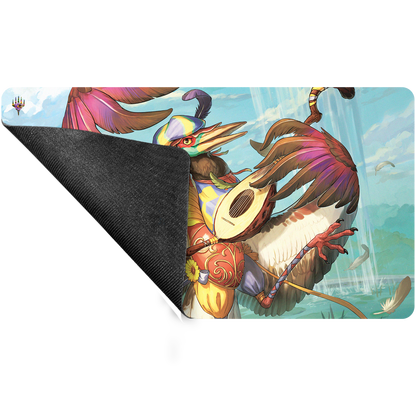 A colorful Magic: The Gathering playmat featuring Zinnia, Valley's Voice from Bloomburrow. Brand: Unknown, Item: Bloomburrow Zinnia, Valley’s Voice Playmat for Magic: The Gathering.