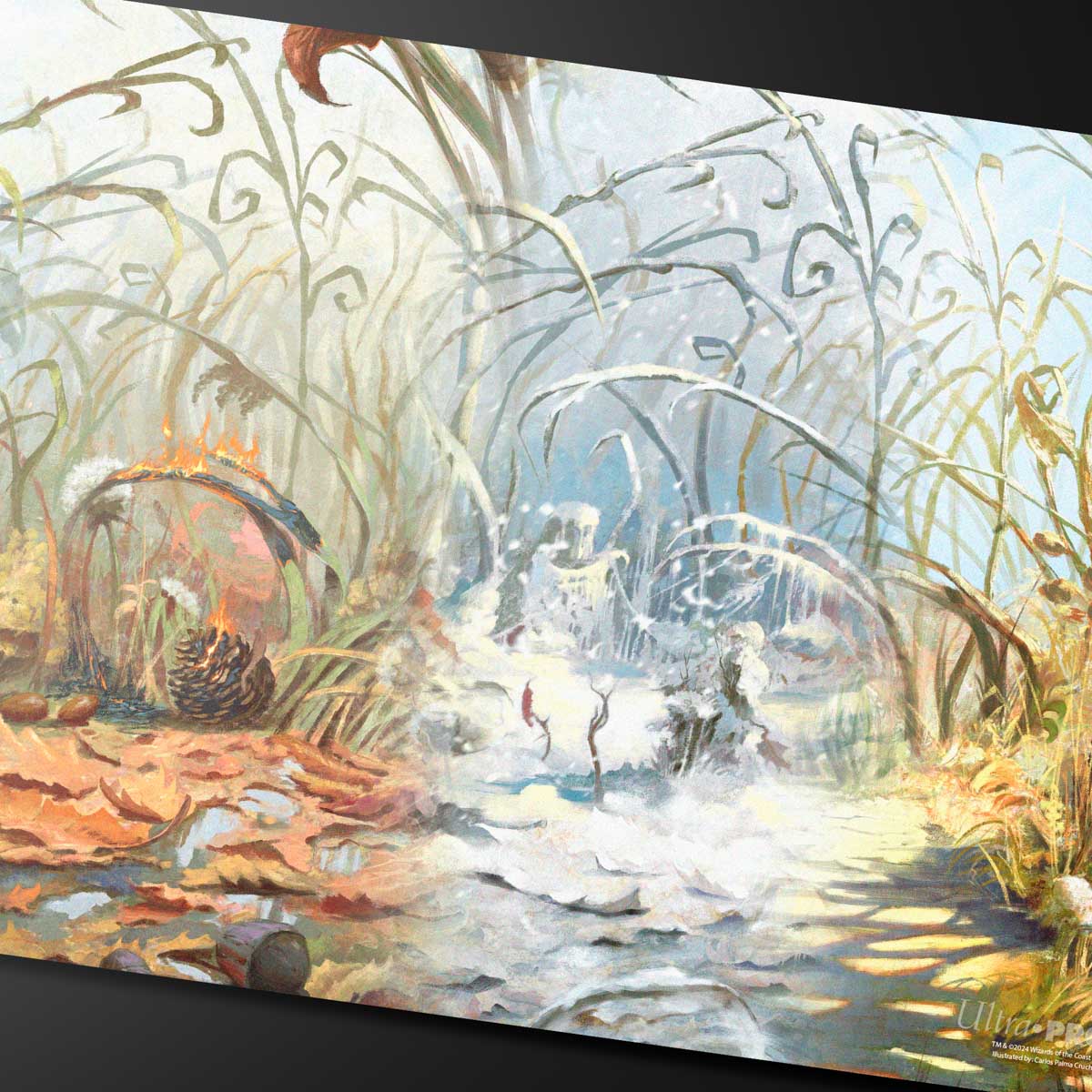 A vibrant gaming playmat depicting the four seasons in a natural landscape, featuring a pinecone on fire and icy elements. Brand: Ultra PRO, Item: Bloomburrow Season Lands: Plains (Four Seasons) Standard Gaming Playmat.