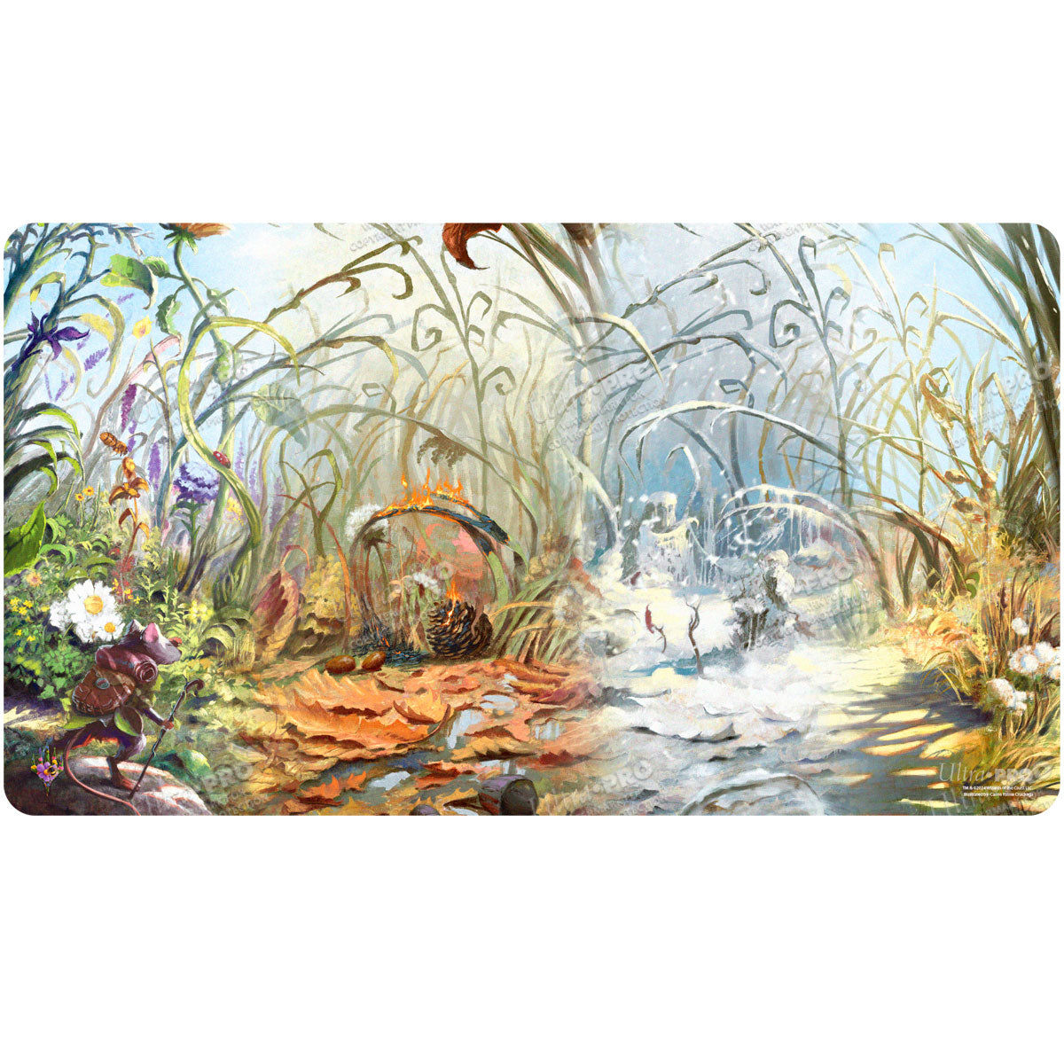 A colorful gaming playmat depicting the four seasons in a fantasy forest setting. Brand: Ultra PRO, Item: Bloomburrow Season Lands: Plains (Four Seasons) Standard Gaming Playmat for Magic: The Gathering