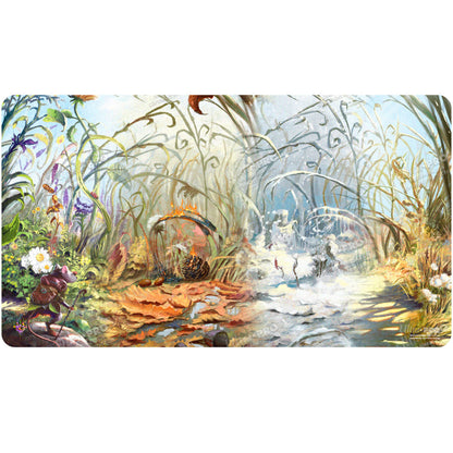 A colorful gaming playmat depicting the four seasons in a fantasy forest setting. Brand: Ultra PRO, Item: Bloomburrow Season Lands: Plains (Four Seasons) Standard Gaming Playmat for Magic: The Gathering
