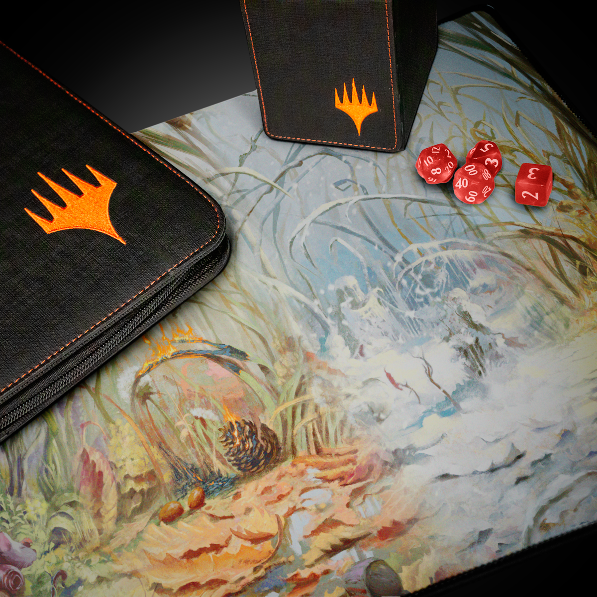 A black and orange Magic: The Gathering playmat with a painted scene of a pinecone in a glass dome, and a matching deck box and binder. Brand: Magic: The Gathering, Item: Bloomburrow Season Lands: Plains (Four Seasons) Standard Gaming Playmat.