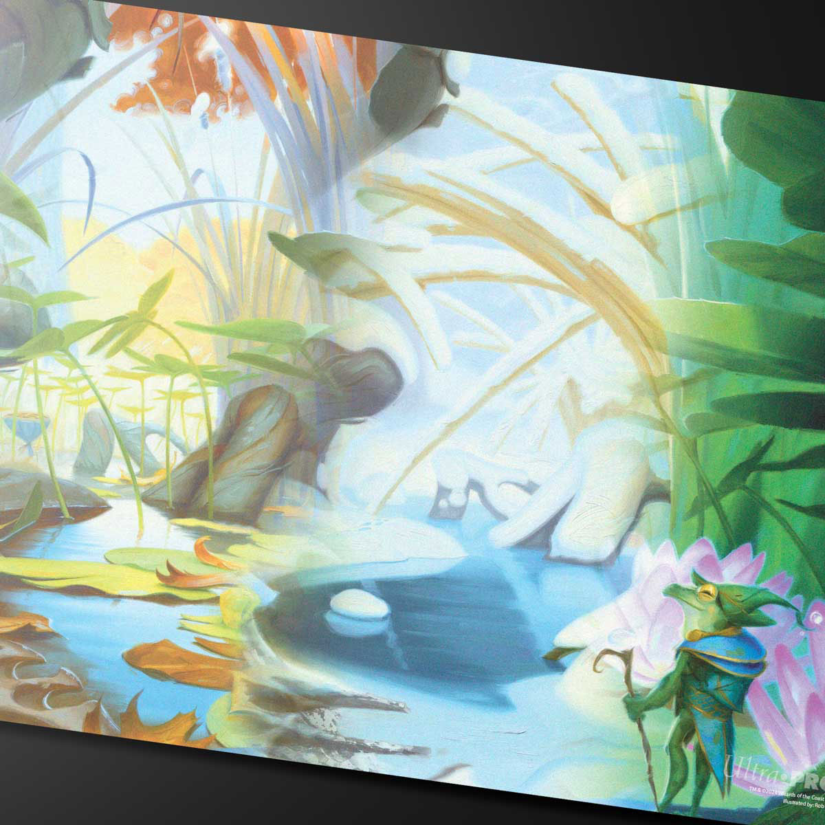 A vibrant gaming playmat featuring the "Island" art from the Bloomburrow Season Lands series, depicting a serene swamp scene with a frog-like creature and lotus flowers.
