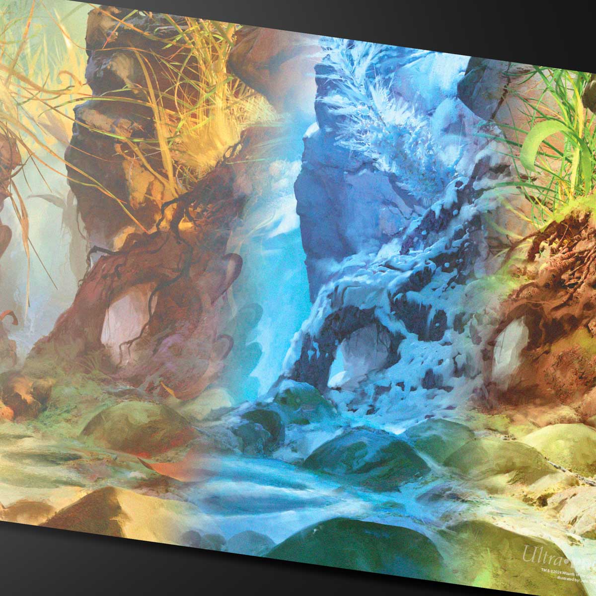 A vibrant gaming playmat depicting the Swamp land from Magic: The Gathering's Bloomburrow Season Lands series, showcasing a dynamic transition between warm and cool seasons.