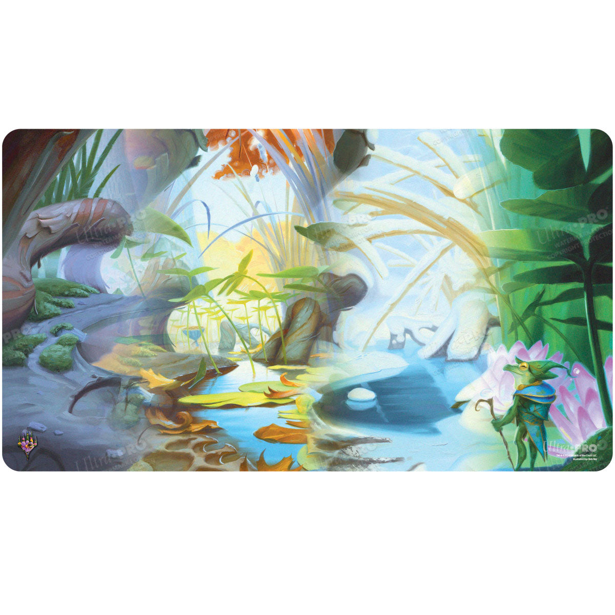 A vibrant, nature-themed playmat featuring a serene pond scene with a goblin-like creature and lush foliage. Brand: Ultra PRO, Item: Bloomburrow Season Lands: Island (Four Seasons) Standard Gaming Playmat.