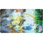 A vibrant, nature-themed playmat featuring a serene pond scene with a goblin-like creature and lush foliage. Brand: Ultra PRO, Item: Bloomburrow Season Lands: Island (Four Seasons) Standard Gaming Playmat.