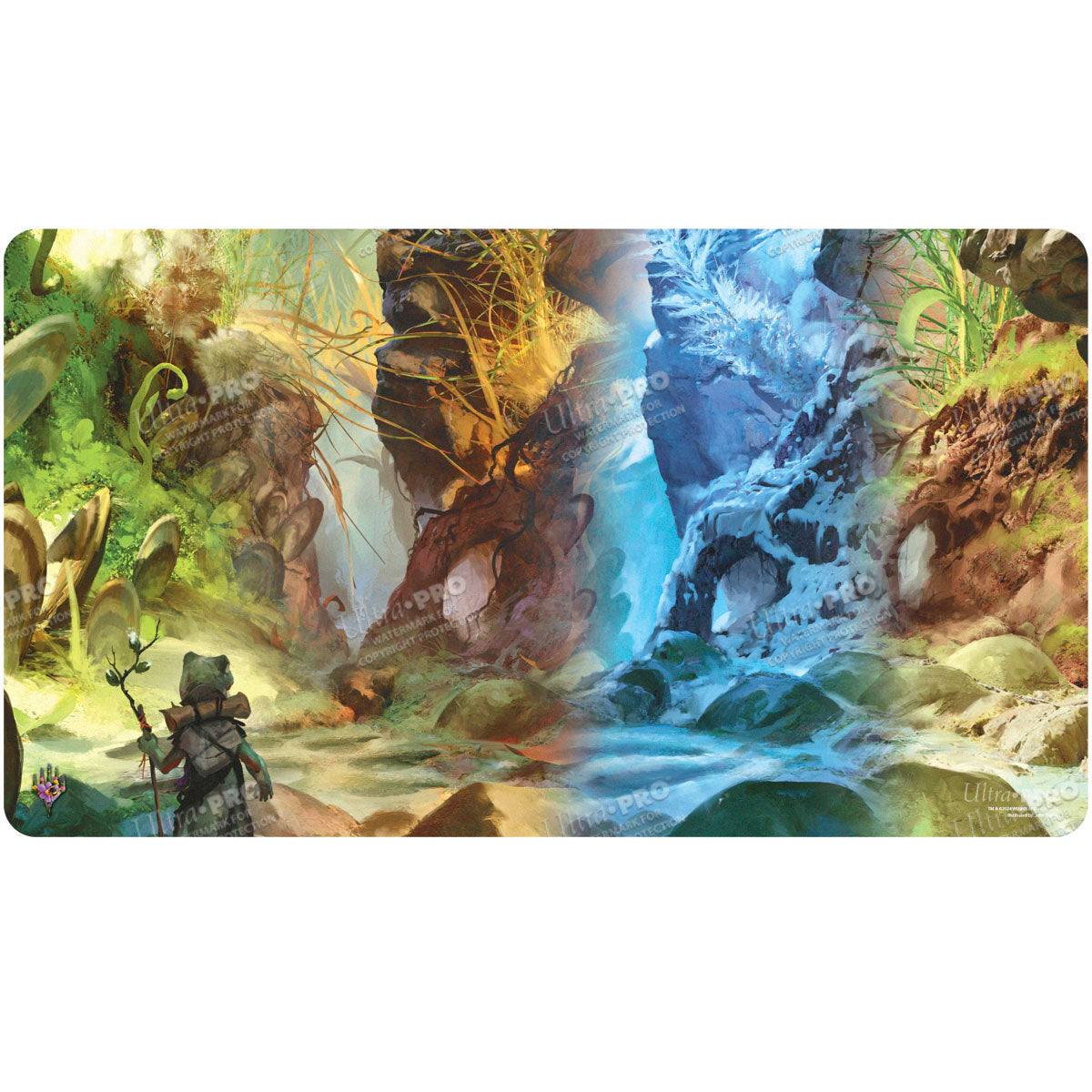 A vibrant gaming playmat featuring a fantasy landscape with a frog-like character, transitioning from lush green to icy blue. Brand: Ultra PRO, Item: Bloomburrow Season Lands: Swamp (Four Seasons) Standard Gaming Playmat for Magic: The Gathering