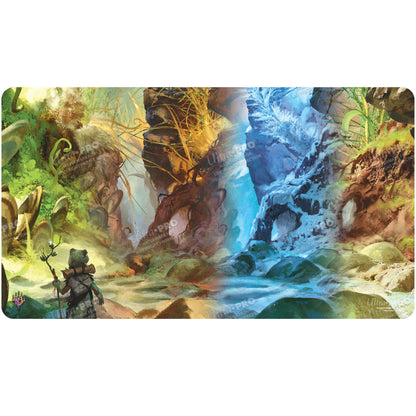 A vibrant gaming playmat featuring a fantasy landscape with a frog-like character, transitioning from lush green to icy blue. Brand: Ultra PRO, Item: Bloomburrow Season Lands: Swamp (Four Seasons) Standard Gaming Playmat for Magic: The Gathering