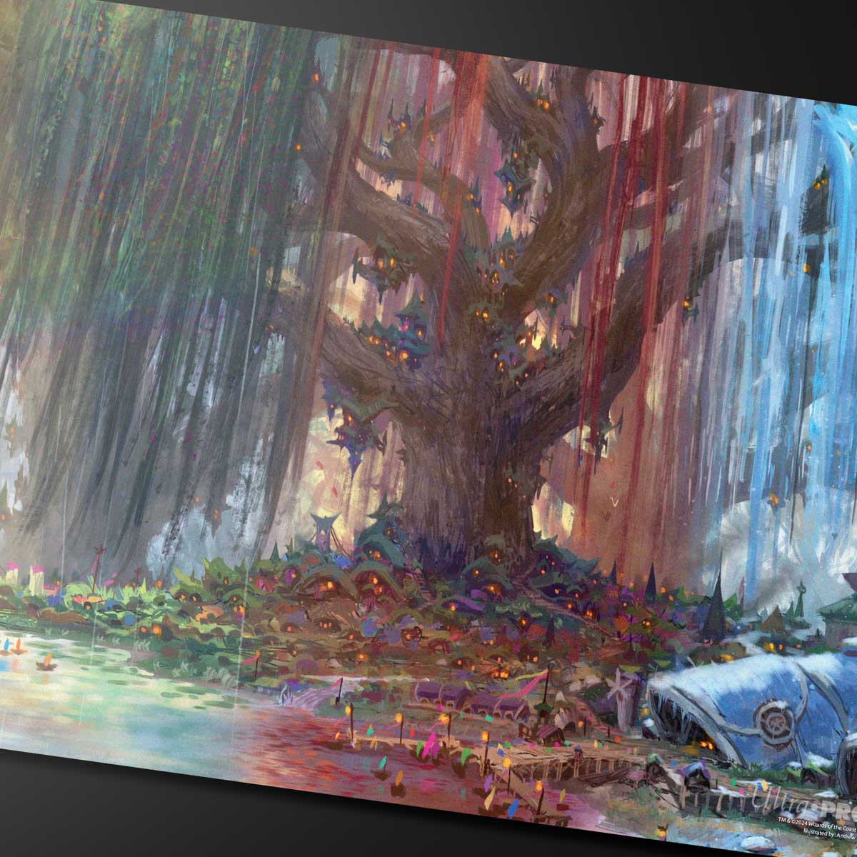 A vibrant, fantasy-themed playmat depicting a magical tree city with glowing homes nestled within its branches and roots, surrounded by colorful foliage and water. Brand: Ultra PRO, Item: Bloomburrow Season Lands: Three Tree City (Four Seasons) AR Enhanced Standard Gaming Playmat Multi for Magic: The Gathering.
