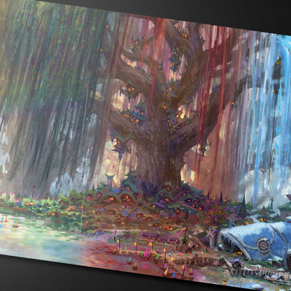 A vibrant, fantasy-themed playmat depicting a magical tree city with glowing homes nestled within its branches and roots, surrounded by colorful foliage and water. Brand: Ultra PRO, Item: Bloomburrow Season Lands: Three Tree City (Four Seasons) AR Enhanced Standard Gaming Playmat Multi for Magic: The Gathering.