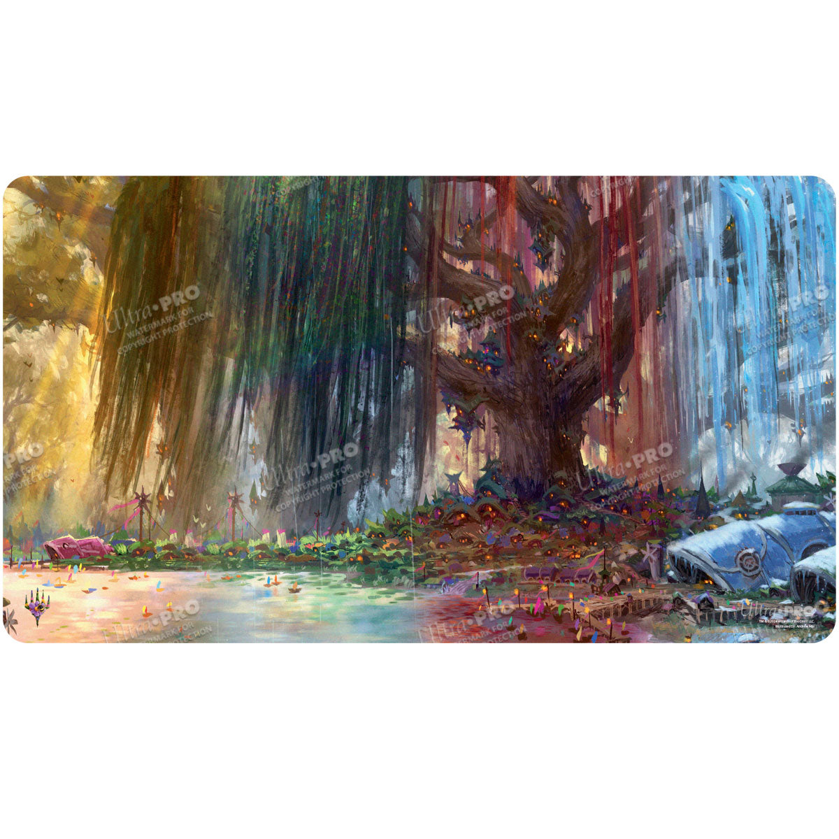 A vibrant, fantasy-themed gaming playmat depicting a magical tree city with four distinct seasonal sections. Brand: Ultra PRO, Item: Bloomburrow Season Lands: Three Tree City (Four Seasons) AR Enhanced Standard Gaming Playmat Multi for Magic: The Gathering.