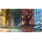 A vibrant, fantasy-themed gaming playmat depicting a magical tree city with four distinct seasonal sections. Brand: Ultra PRO, Item: Bloomburrow Season Lands: Three Tree City (Four Seasons) AR Enhanced Standard Gaming Playmat Multi for Magic: The Gathering.