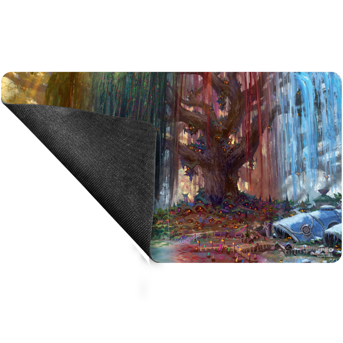 A multi-colored fantasy art gaming playmat featuring a vibrant tree city with glowing houses and cascading waterfalls. Brand: Ultra PRO, Item: Bloomburrow Season Lands: Three Tree City AR Enhanced Standard Gaming Playmat.