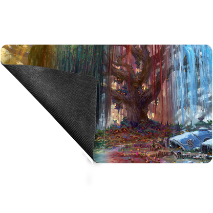 A multi-colored fantasy art gaming playmat featuring a vibrant tree city with glowing houses and cascading waterfalls. Brand: Ultra PRO, Item: Bloomburrow Season Lands: Three Tree City AR Enhanced Standard Gaming Playmat.