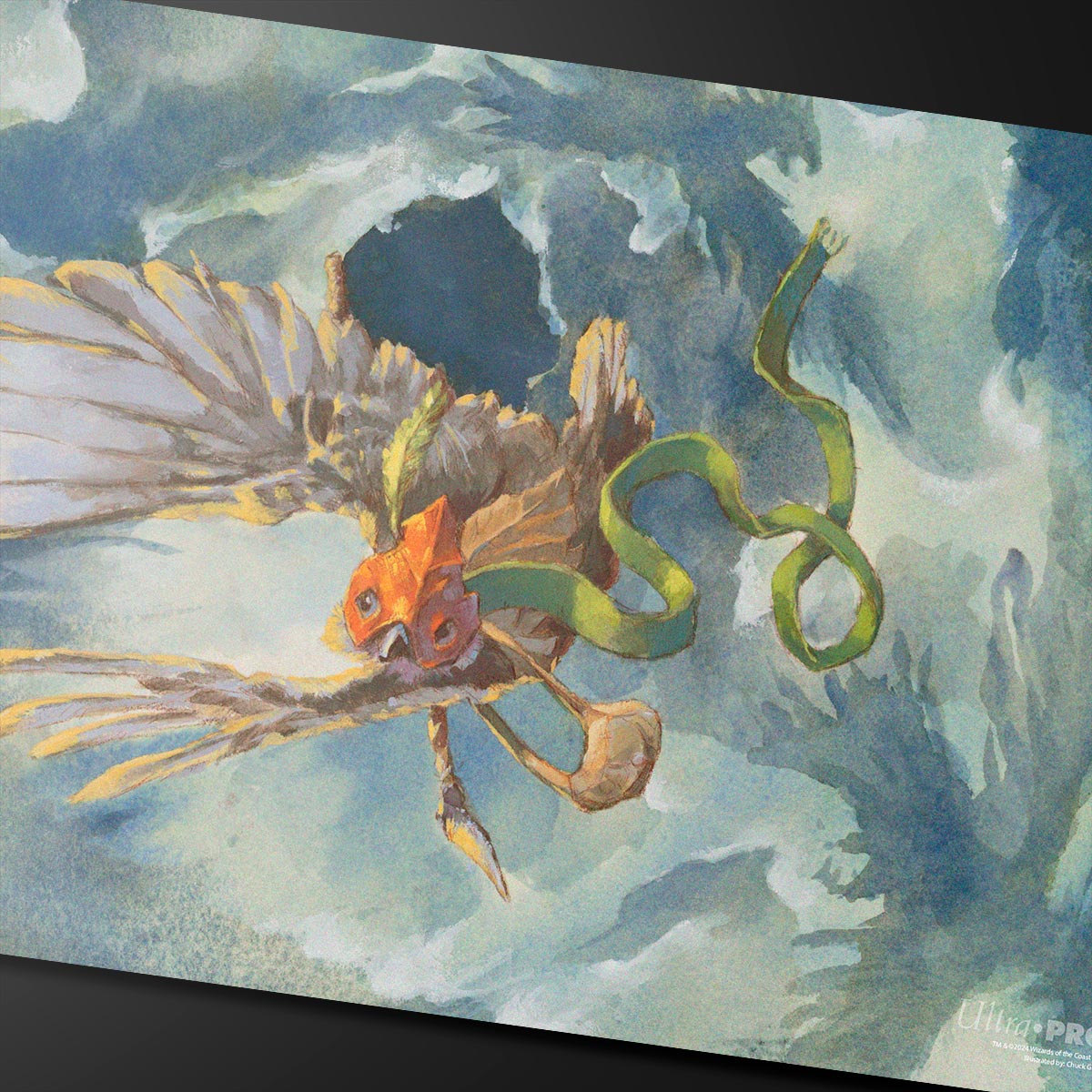A watercolor playmat featuring Kastral, the Windcrested from Magic: The Gathering, flying through clouds.