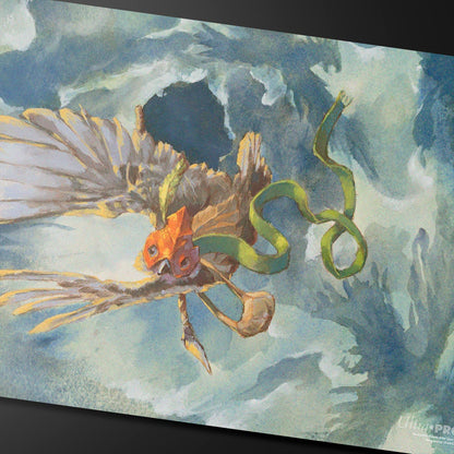 A watercolor playmat featuring Kastral, the Windcrested from Magic: The Gathering, flying through clouds.