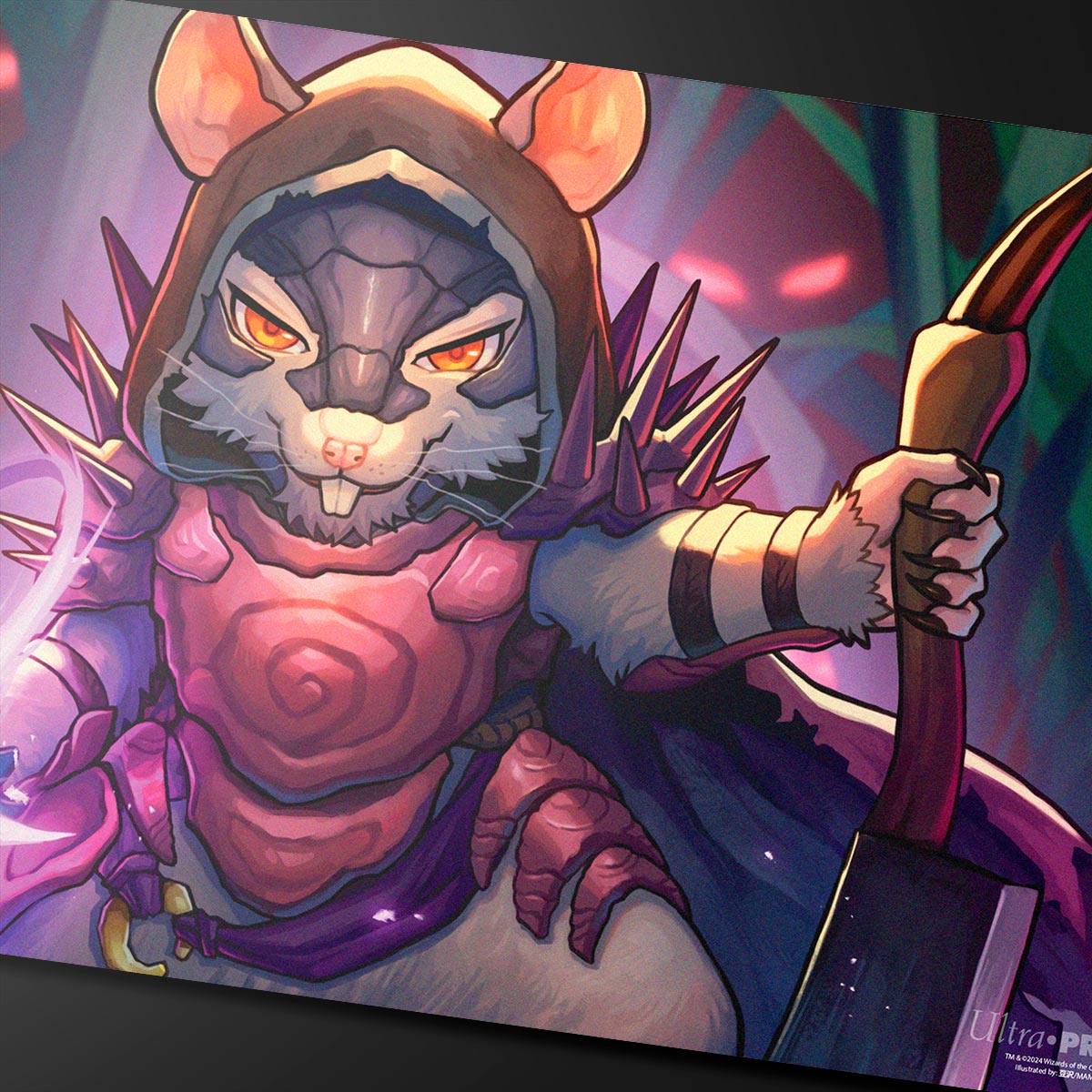 A stylized fantasy art playmat featuring a fierce, armored rat warrior holding a weapon, with glowing eyes and a purple cloak. Brand: Ultra PRO, Item: Bloomburrow Vren, the Relentless Playmat.