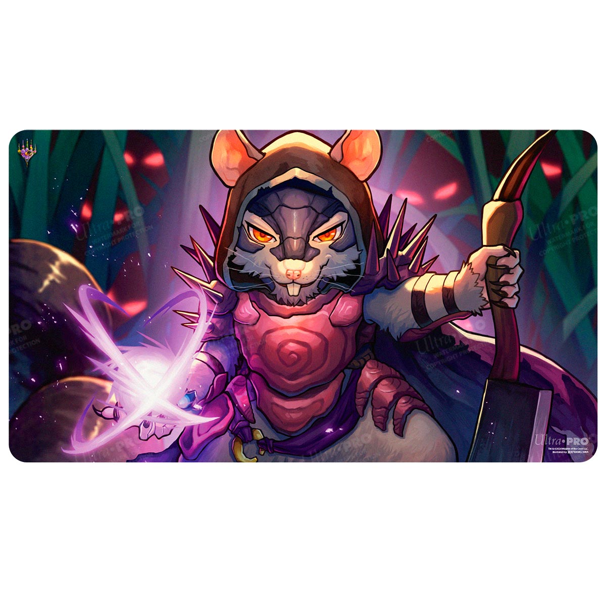 A fantasy art playmat featuring a rodent warrior in armor wielding a magical staff. Brand: Ultra PRO, Item: Bloomburrow Vren, the Relentless Playmat for Magic: The Gathering