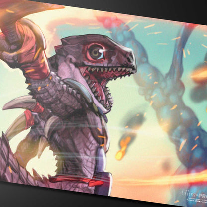 A purple and red scaled dragon-like creature with sharp claws and teeth, roaring with its mouth open, on a playmat with a fiery, smoky background. Brand: Ultra PRO, Item: Bloomburrow Gev, Scaled Scorch Playmat.
