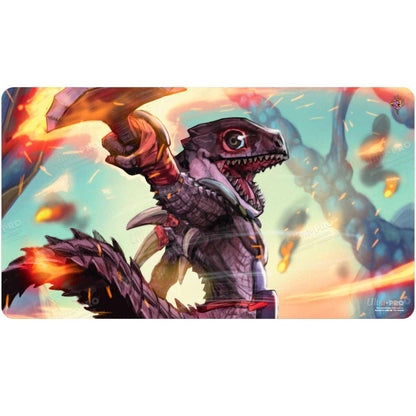 A fiery red and purple Bloomburrow Gev, Scaled Scorch Playmat for Magic: The Gathering. Brand: Ultra PRO, Item: Bloomburrow Gev, Scaled Scorch Playmat.