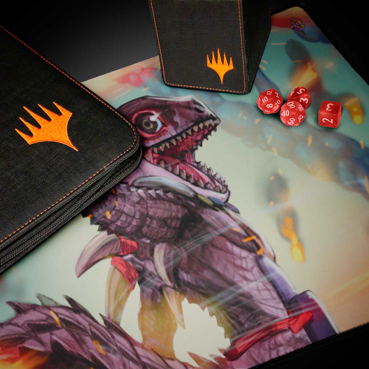 A black Magic: The Gathering playmat featuring the Scaled Scorch artwork from Bloomburrow. Brand: Unknown, Item: Bloomburrow Gev, Scaled Scorch Playmat for Magic: The Gathering