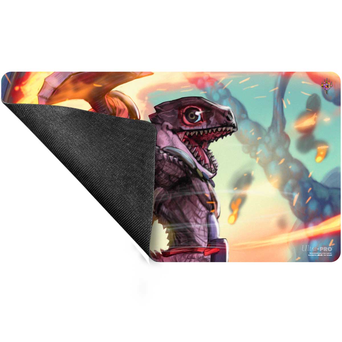 A purple and orange dragon-like creature on a playmat. Brand: Ultra-Pro, Item: Bloomburrow Gev, Scaled Scorch Playmat for Magic: The Gathering