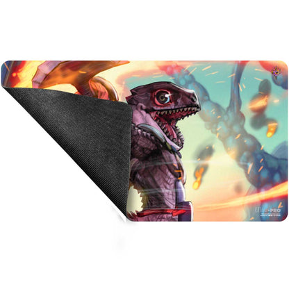 A purple and orange dragon-like creature on a playmat. Brand: Ultra-Pro, Item: Bloomburrow Gev, Scaled Scorch Playmat for Magic: The Gathering