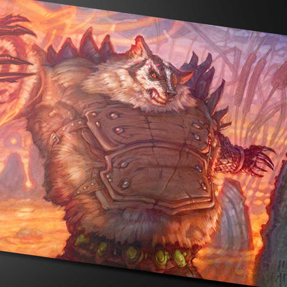A fantasy art playmat featuring a large, furry, badger-like creature in armor, with sharp claws and glowing red eyes, set against a fiery, sunset-like background. Brand: Unknown, Item: Bloomburrow Hugs, Grisly Guardian Playmat.
