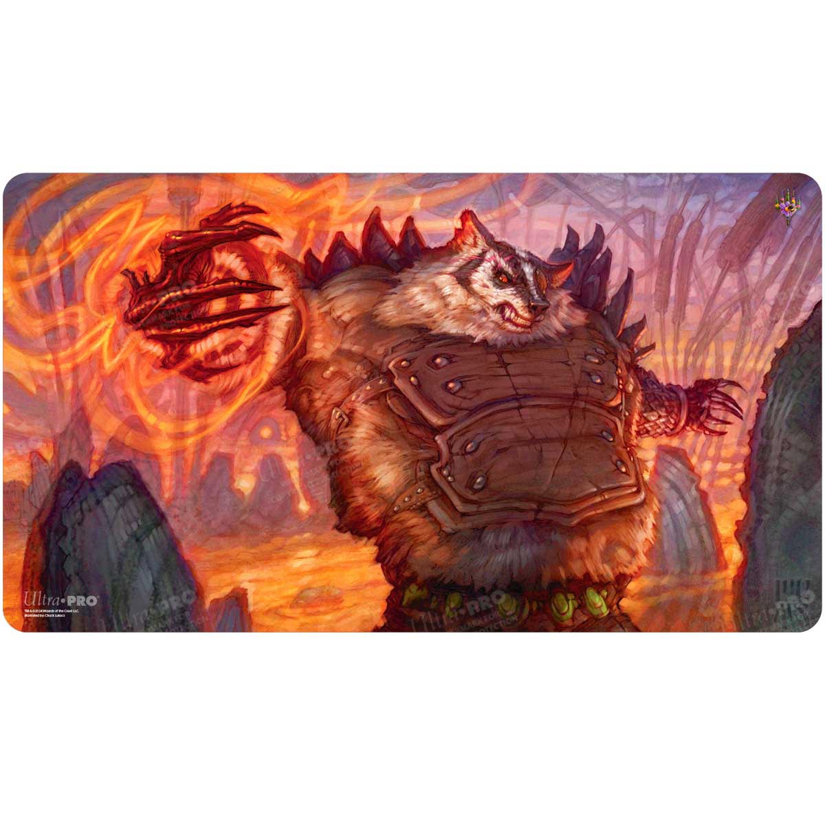 A fantasy art playmat featuring a large, furry creature with armor and glowing orange energy in its hand. Brand: Ultra PRO, Item: Bloomburrow Hugs, Grisly Guardian Playmat.
