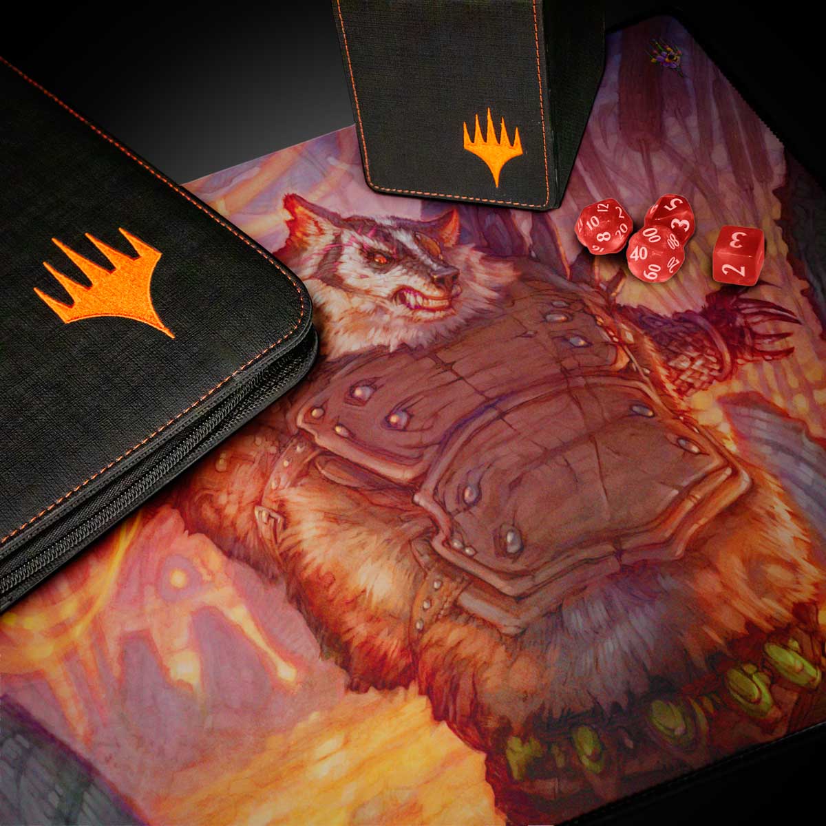 A black playmat featuring the Grisly Guardian from Magic: The Gathering's Bloomburrow Hugs set. Brand: Magic: The Gathering, Item: Bloomburrow Hugs, Grisly Guardian Playmat
