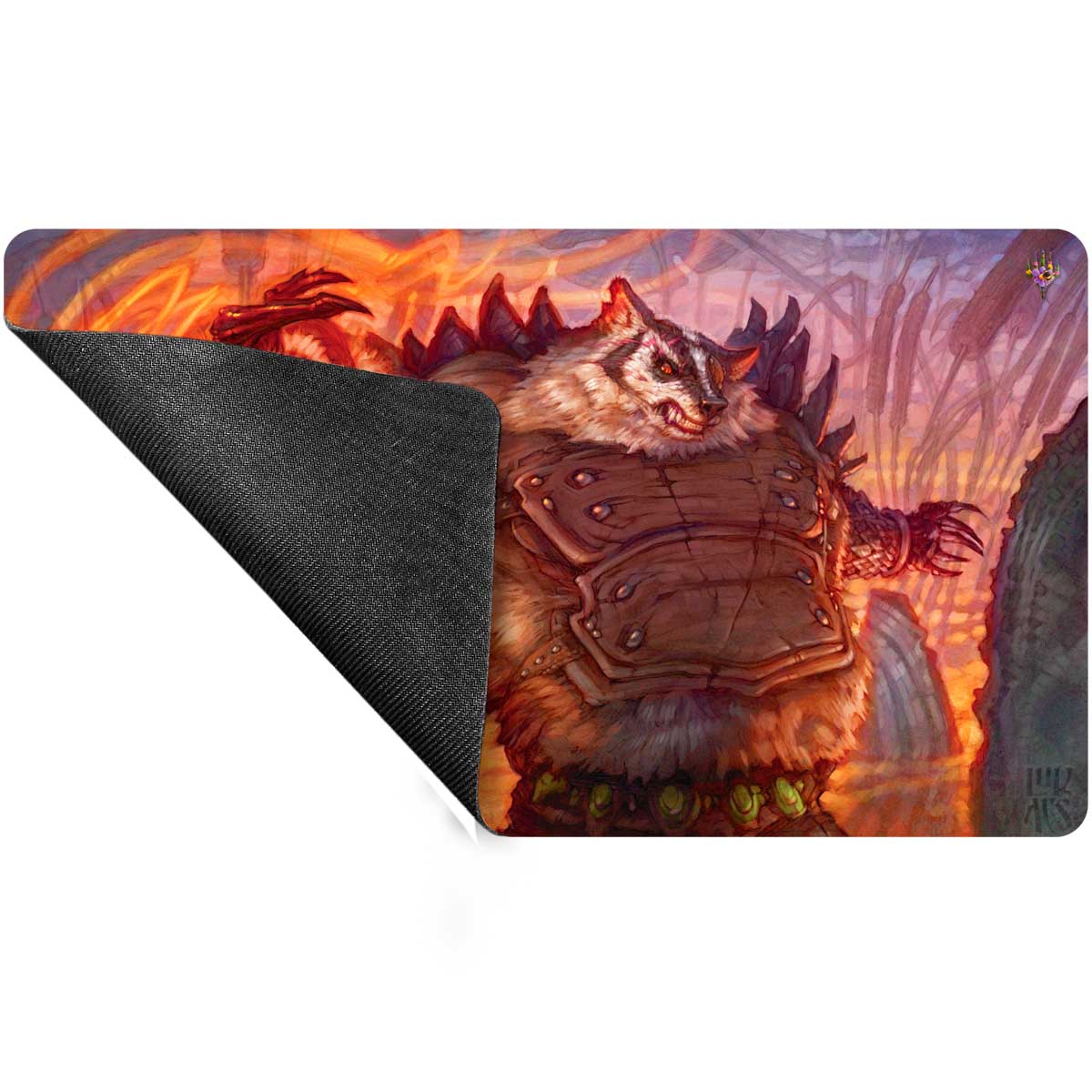 A fantasy art playmat featuring a ferocious, armored creature with a raccoon-like face and fiery background. The underside of the mat is visible, showing a black textured grip.