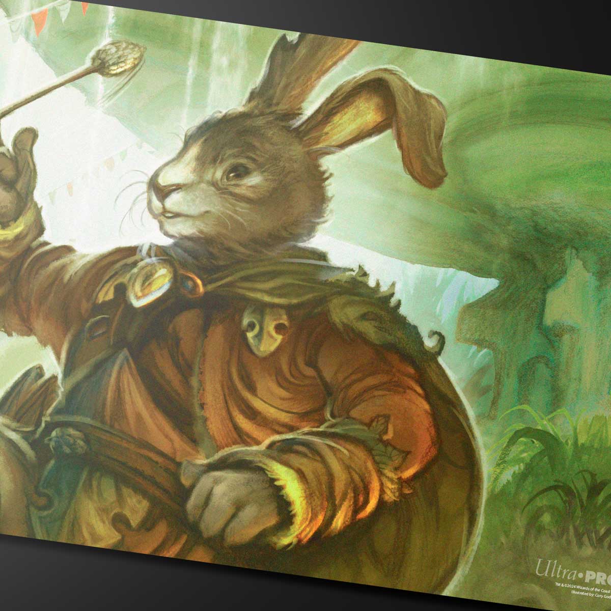 A fantasy art playmat featuring Finneas, Ace Archer from Magic: The Gathering's Bloomburrow set, depicted as a rabbit-like creature in ornate clothing, holding a staff. Brand: Ultra PRO, Item: Bloomburrow Finneas, Ace Archer Playmat for Magic: The Gathering.