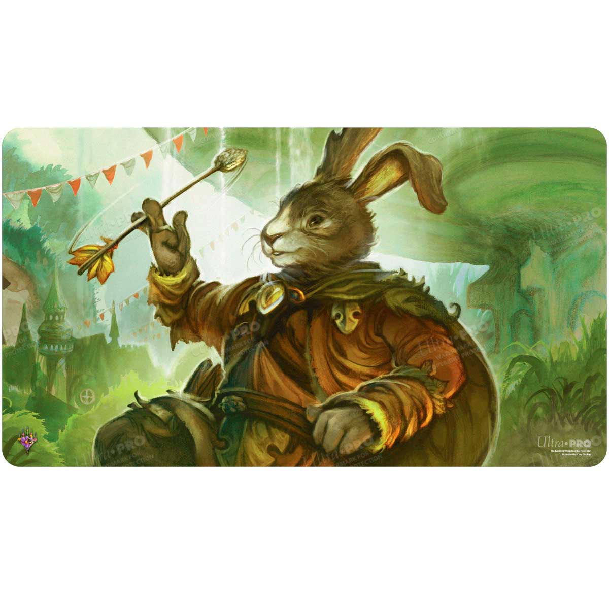 A detailed illustration of Finneas, Ace Archer from Magic: The Gathering on an Ultra PRO playmat.