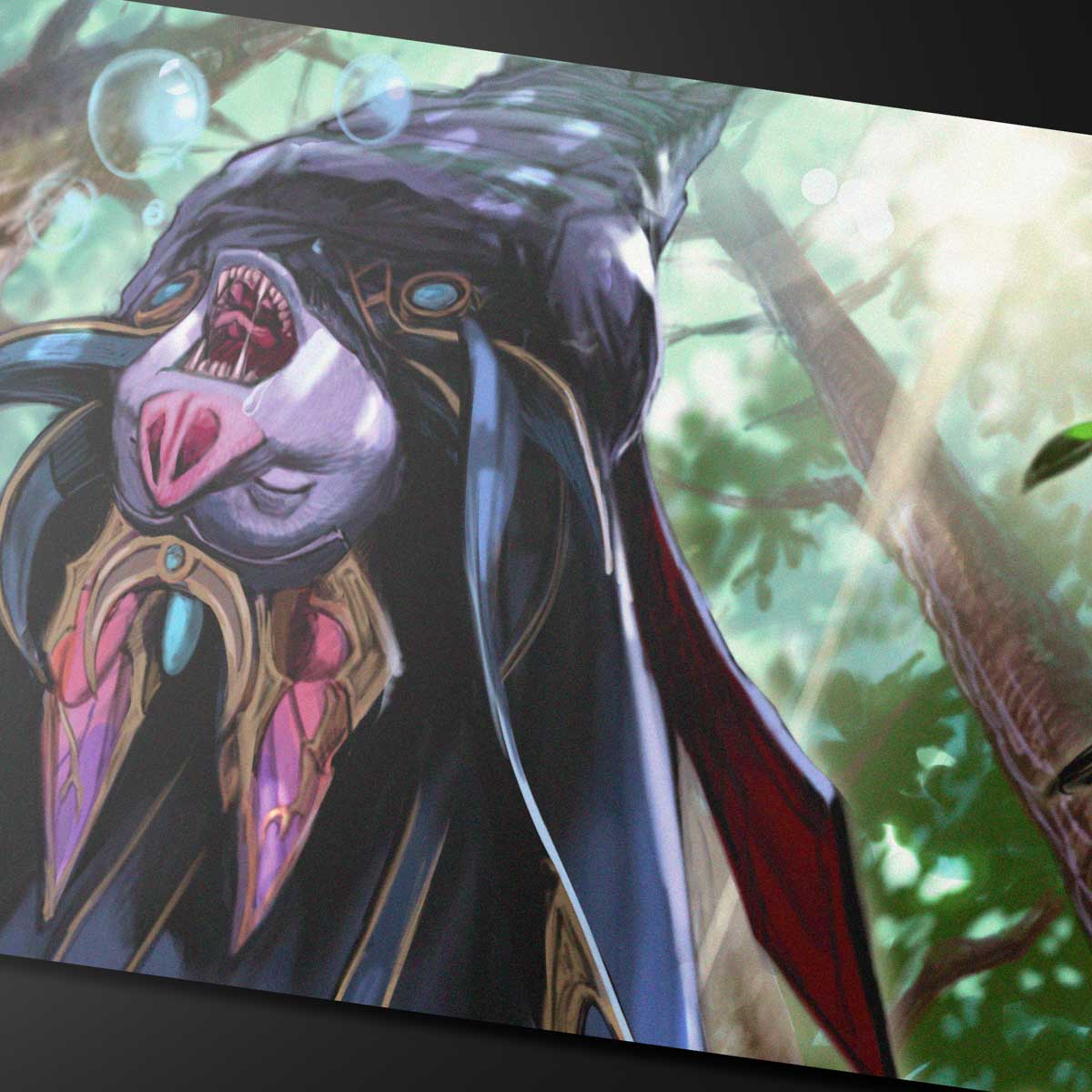 A dark fantasy playmat featuring Zoraline, Cosmos Caller from Magic: The Gathering, with a creature hanging upside down in a forest setting. Brand: Unknown, Item: Bloomburrow Zoraline, Cosmos Caller Playmat.