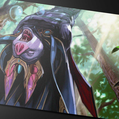 A dark fantasy playmat featuring Zoraline, Cosmos Caller from Magic: The Gathering, with a creature hanging upside down in a forest setting. Brand: Unknown, Item: Bloomburrow Zoraline, Cosmos Caller Playmat.