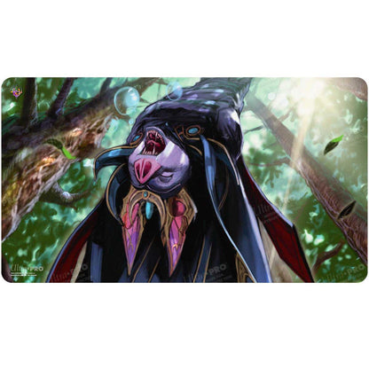 A fantasy art playmat featuring Zoraline, Cosmos Caller from Magic: The Gathering, with a creature in a dark cloak in a forest setting. Brand: Ultra PRO, Item: Bloomburrow Zoraline, Cosmos Caller Playmat.