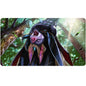 A fantasy art playmat featuring Zoraline, Cosmos Caller from Magic: The Gathering, with a creature in a dark cloak in a forest setting. Brand: Ultra PRO, Item: Bloomburrow Zoraline, Cosmos Caller Playmat.