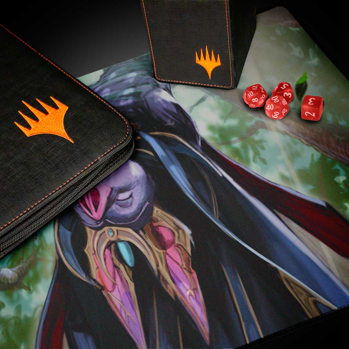 A black Magic: The Gathering playmat featuring Zoraline, Cosmos Caller artwork. Includes a black deck box and card binder with orange Magic: The Gathering logos. Brand: Magic: The Gathering, Item: Bloomburrow Zoraline, Cosmos Caller Playmat.