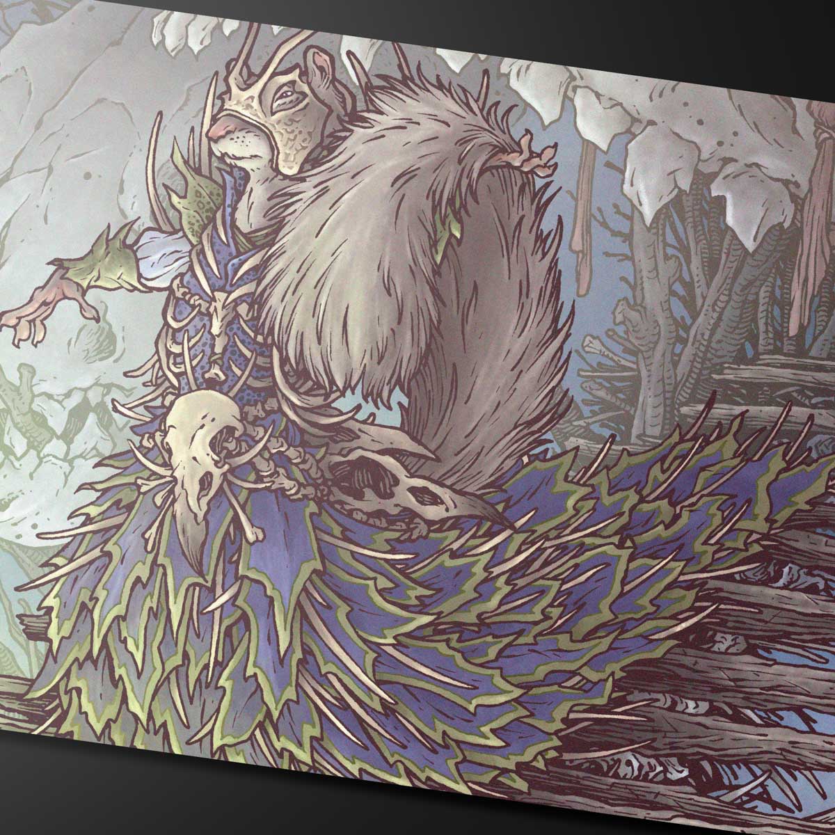 A fantasy art playmat featuring Camellia, the Seedmiser from Magic: The Gathering, a squirrel-like creature adorned with bones and a large bushy tail.