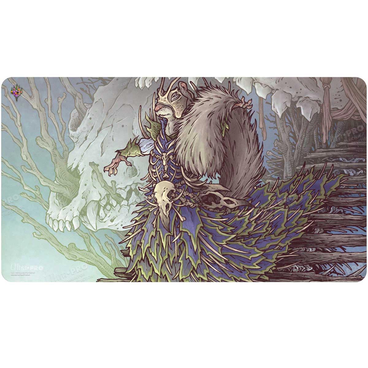 A fantasy art playmat featuring Camellia, the Seedmiser from Magic: The Gathering, with a squirrel-like creature in ornate armor and a large skull in the background. Brand: Ultra PRO, Item: Bloomburrow Camellia, the Seedmiser Playmat for Magic: The Gathering.