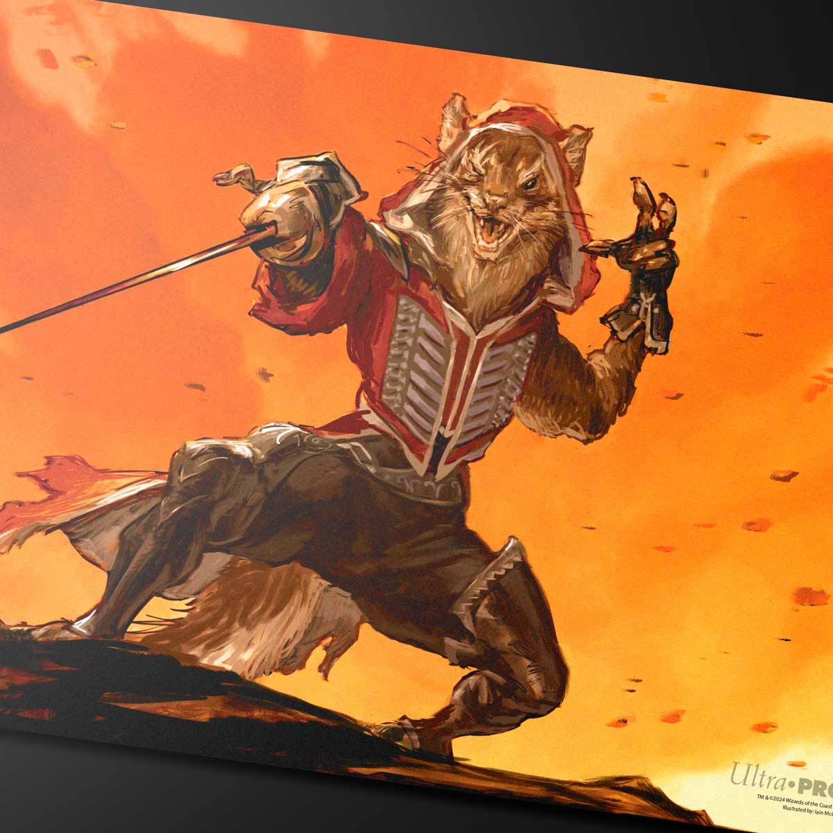 A vibrant orange playmat featuring the Magic: The Gathering character Cruelclaw, a fierce cat-like warrior in red and silver armor, wielding a sword. Brand: Ultra PRO, Item: Bloomburrow The Infamous Cruelclaw Playmat.