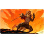 A red and brown anthropomorphic cat warrior with a sword and red coat, standing on rocky terrain against an orange sky. Brand: Ultra PRO, Item: Bloomburrow The Infamous Cruelclaw Playmat for Magic: The Gathering.