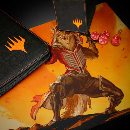 A black and orange Magic: The Gathering Bloomburrow The Infamous Cruelclaw Playmat with a deck box and dice. Brand: Magic: The Gathering, Item: Bloomburrow The Infamous Cruelclaw Playmat