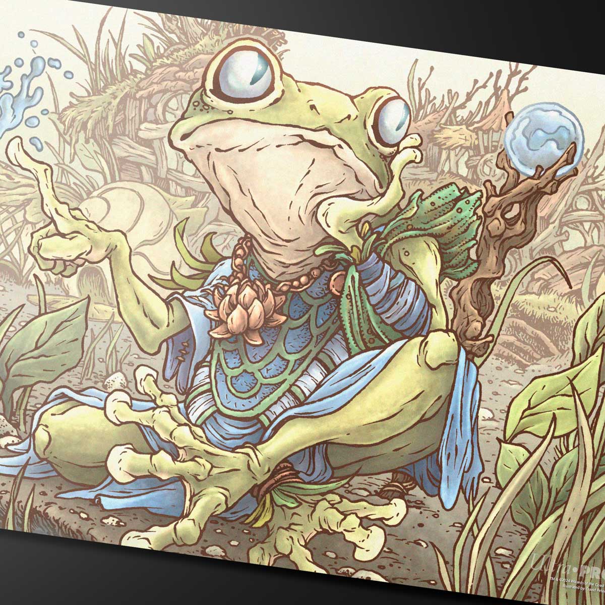 A fantasy art playmat featuring Helga, Skittish Seer, a frog wizard casting water magic, surrounded by plants. Brand: Magic: The Gathering, Item: Bloomburrow Helga, Skittish Seer Playmat.