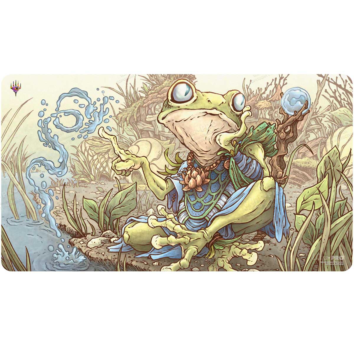 A green frog meditating by a pond, conjuring water with its magic. The frog wears a blue robe and a lotus necklace. It holds a staff with a crystal ball. The artwork is from the Bloomburrow set for Magic: The Gathering. Brand: Ultra PRO, Item: Bloomburrow Helga, Skittish Seer Playmat for Magic: The Gathering.