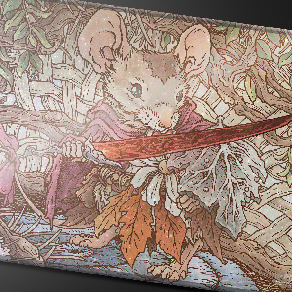 A detailed illustration of a mouse character holding a red ribbon, surrounded by leaves and branches, on a Magic: The Gathering playmat.